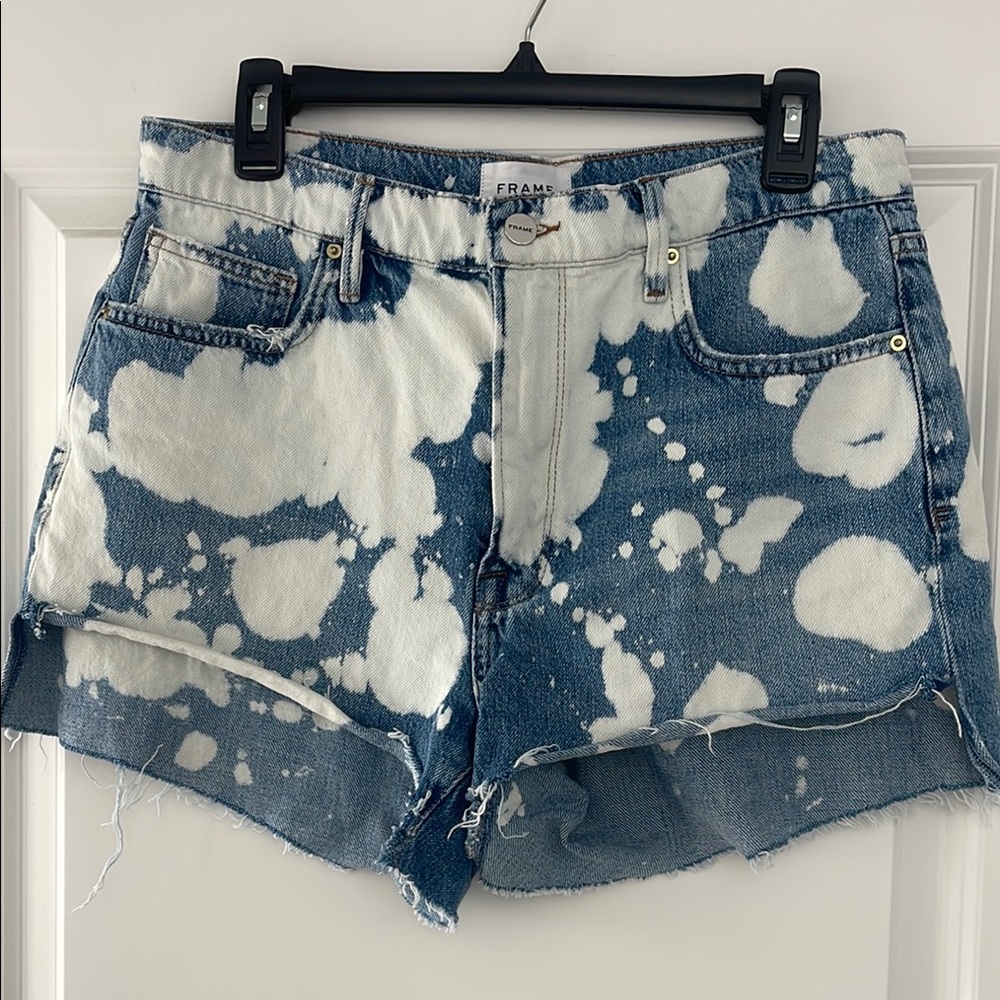 Frame Denim Blue and White Distressed Jean Shorts